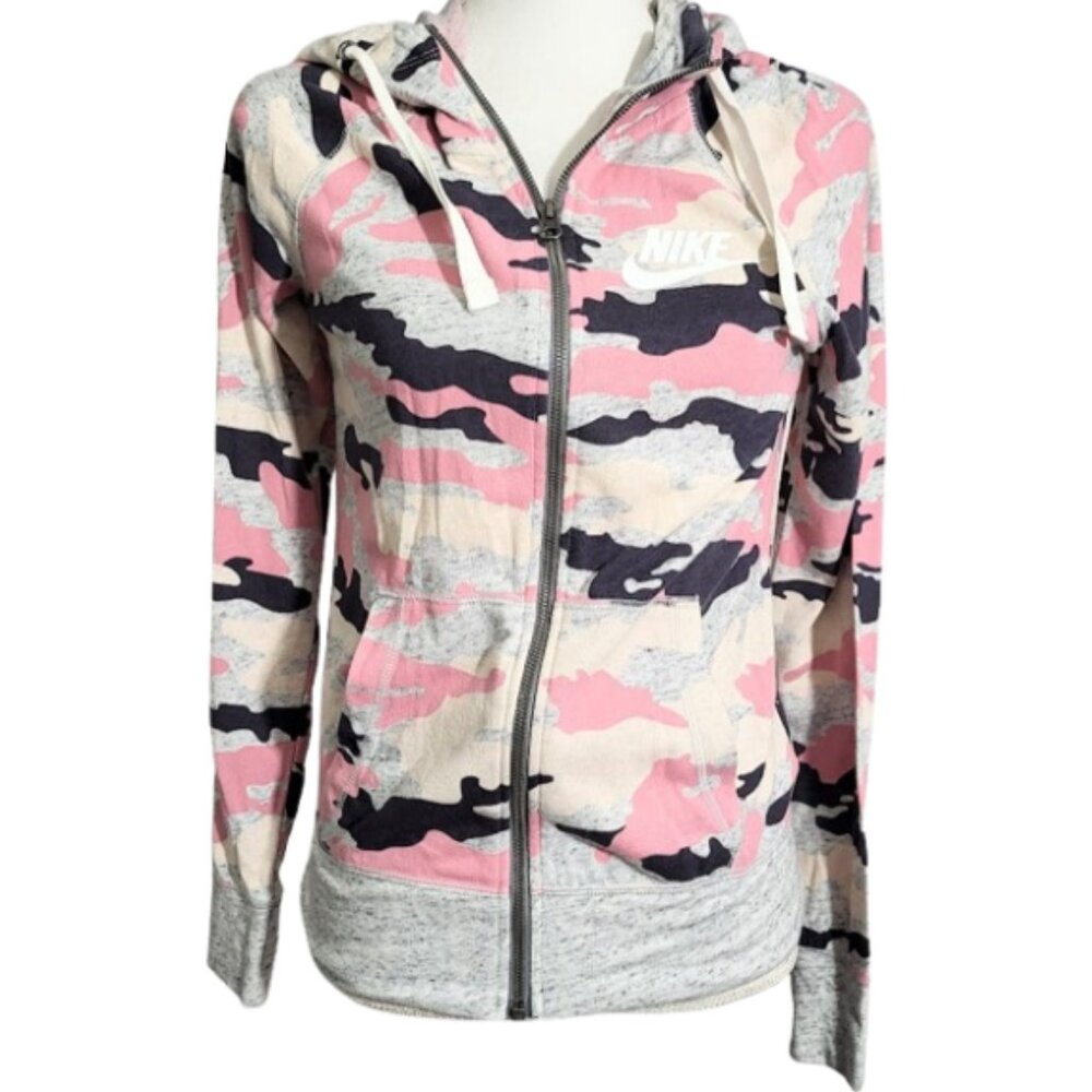 NIKE Pink Black & Cream Camo Full Zip Hooded Jacket - Women's XS